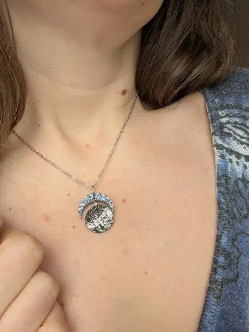 Collier Femme Lune pailletée et rond en cuir